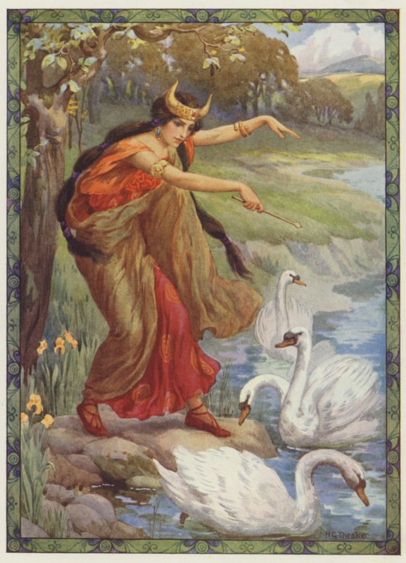 "Em vez dos quatro filhos, o que é que ela viu", Os filhos de Lir (litografia a cores) de Harry George Theaker