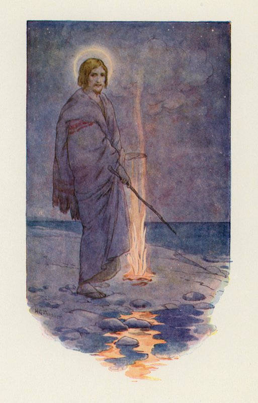 Jesus de pé na margem (litografia a cores) de Harry George Theaker