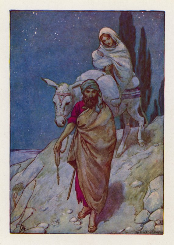 José levantou-se, tomou de noite o menino e sua mãe e partiu para o Egito (litografia a cores) de Harry George Theaker