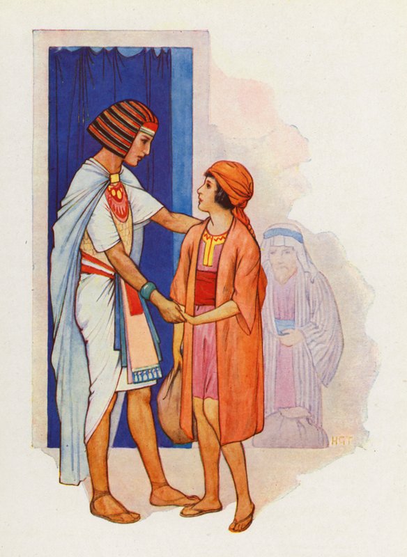 Judá trouxe Benjamim e apresentou-o a José (litografia a cores) de Harry George Theaker