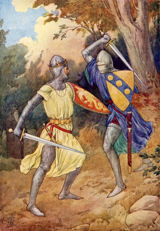 O rei Artur luta com o cavaleiro desconhecido (litografia a cores) de Harry George Theaker