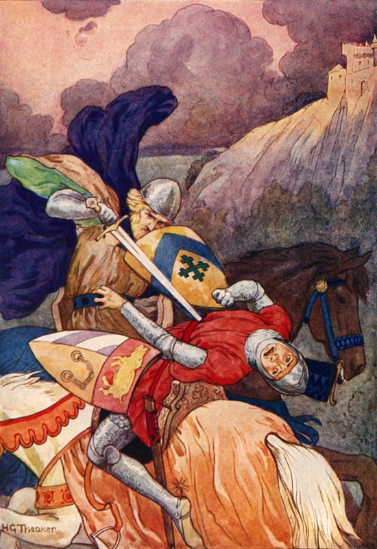 O Rei Artur apunhalando o seu inimigo no peito (litografia a cores) de Harry George Theaker