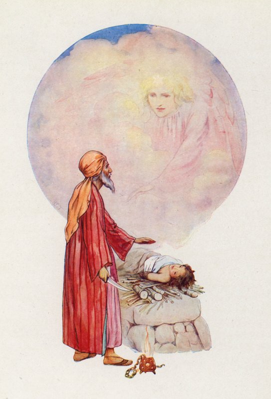 "Não ponhas a tua mão sobre o rapaz" (litografia a cores) de Harry George Theaker