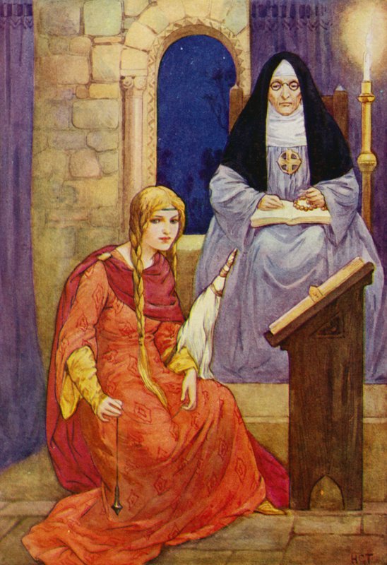 Marion estava abrigada em Kirklees, com a Abadessa presente (litografia a cores) de Harry George Theaker