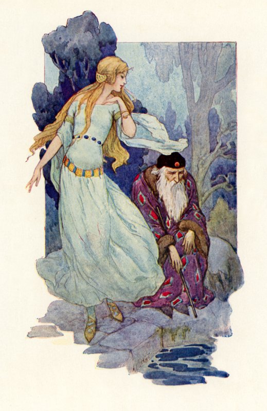 Merlin enfeitiçado enquanto a fada cantava (litografia a cores) de Harry George Theaker