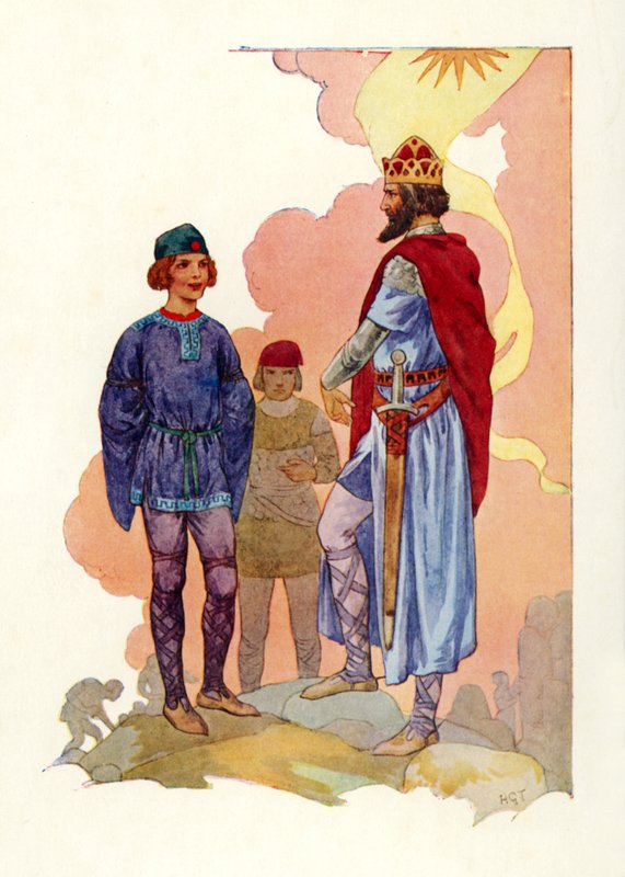 Merlin conduzido perante o rei (litografia a cores) de Harry George Theaker