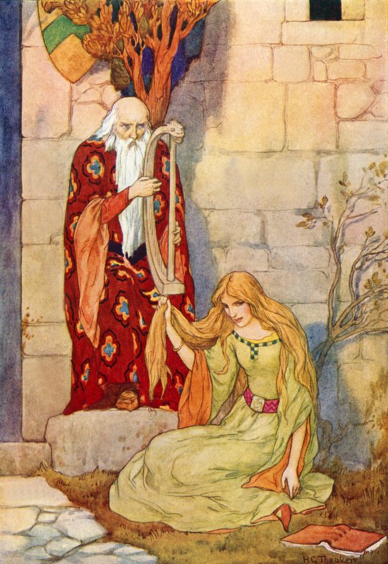 Merlim tocando a sua harpa com a fada Nimue (litografia a cores) de Harry George Theaker