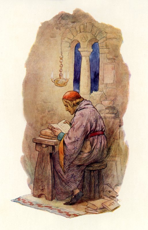 Leitura do Merlin (litografia a cores) de Harry George Theaker