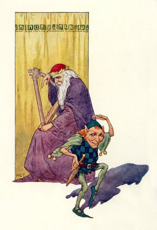 Menestréis e anões divertem o rei (litografia a cores) de Harry George Theaker