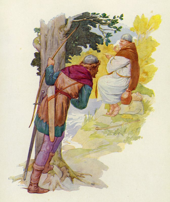 Numa pequena colina junto ao vau, um homem enorme roía um grande pastel de veado (litografia a cores) de Harry George Theaker