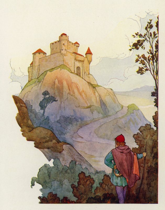 No alto, erguia-se Evil Hold, o grande castelo de Isambart, a partir do qual ele dominava terrivelmente todo o país (litografia a cores) de Harry George Theaker
