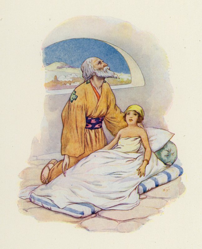 Mais uma vez Eliseu apertou o menino junto de si (litografia a cores) de Harry George Theaker