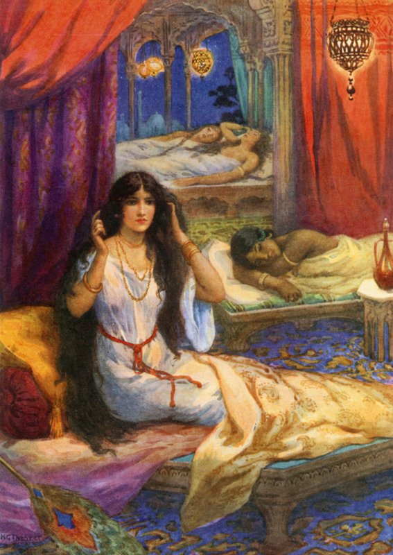 "Pabhavati despertou com um arranque" (litografia a cores) de Harry George Theaker