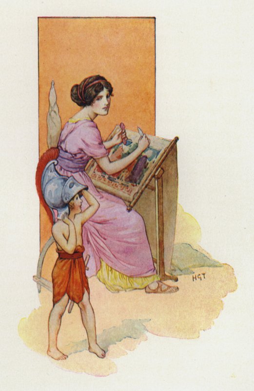 Penélope com o seu filho Telémaco (litografia a cores) de Harry George Theaker
