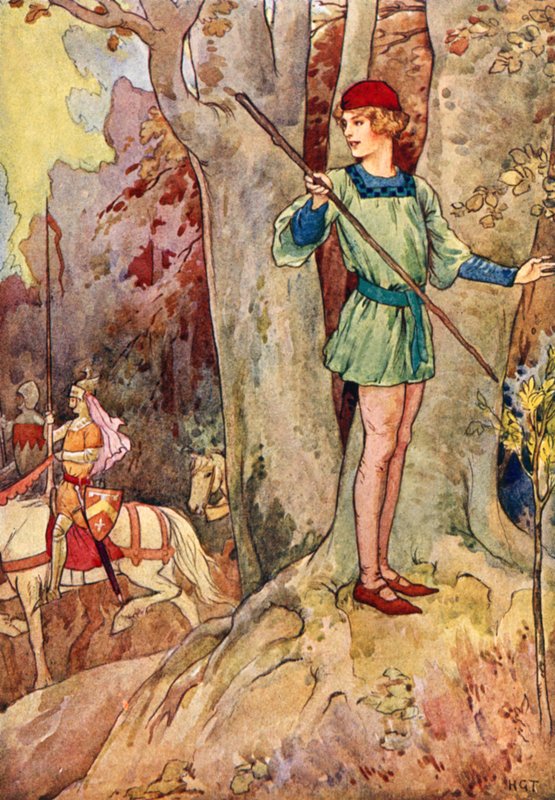 Perceval avistando três cavaleiros da Távola Redonda (litografia a cores) de Harry George Theaker