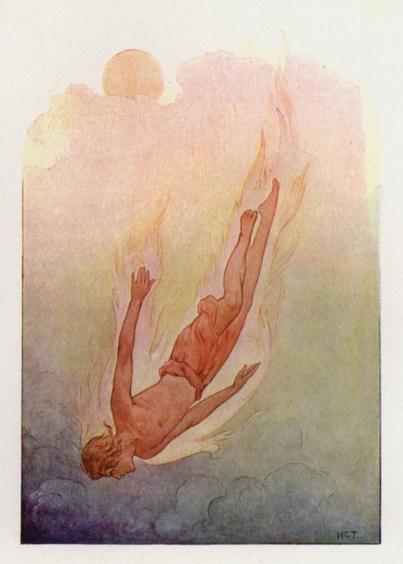 Phaeton com o cabelo em chamas, caindo num rio profundo e fresco (litografia a cores) de Harry George Theaker