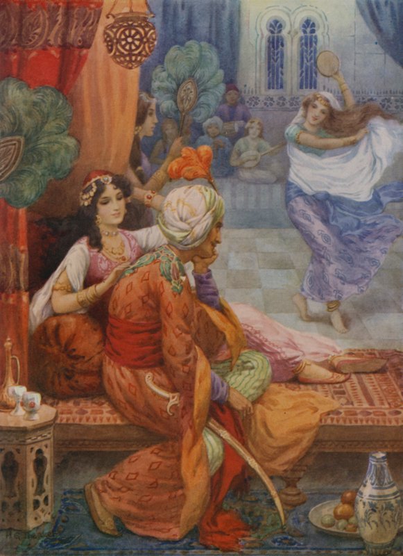 O Príncipe Ahmed e a Fada Banou (litografia a cores) de Harry George Theaker