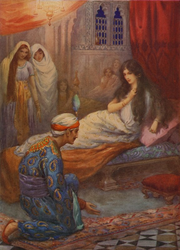 O Príncipe Feroze-Shah acorda a bela Princesa (litografia a cores) de Harry George Theaker