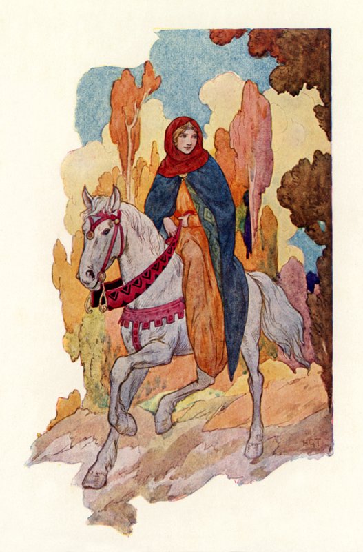 Princesa Guinevere a cavalgar (litografia a cores) de Harry George Theaker