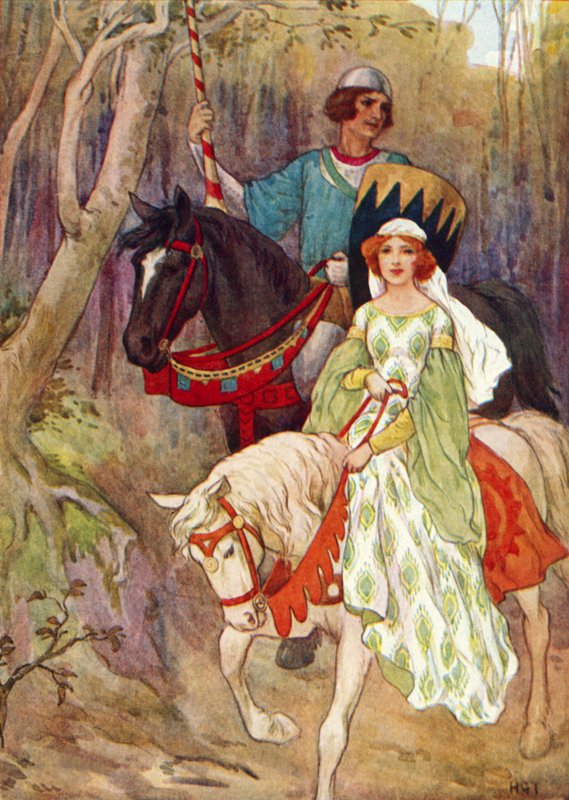 A princesa Olwen acompanhada pelo príncipe de Pig-sty (litografia a cores) de Harry George Theaker