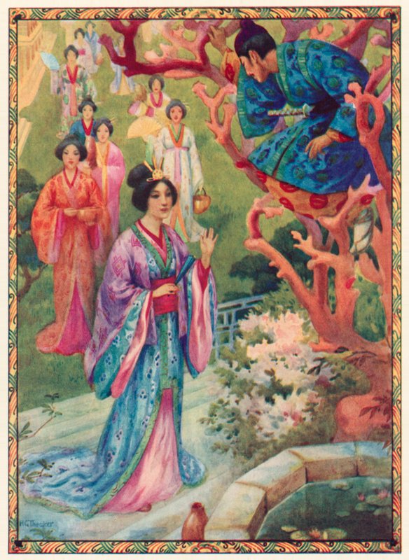 A princesa Pérola ficou encantada ao ver o jovem príncipe (litografia a cores) de Harry George Theaker