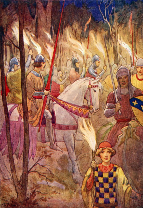 Procissão de cavaleiros com tochas (litografia a cores) de Harry George Theaker