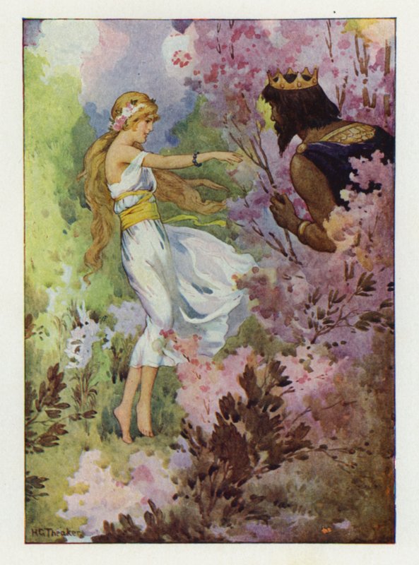 Prosérpina a dançar entre os lírios, observada por um grande rei (litografia a cores) de Harry George Theaker