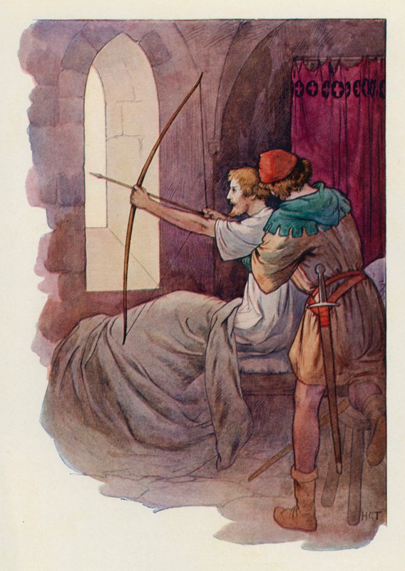 Robin, sentado na cama, dispara a seta para o bosque verde para lá do muro da abadia (litografia a cores) de Harry George Theaker