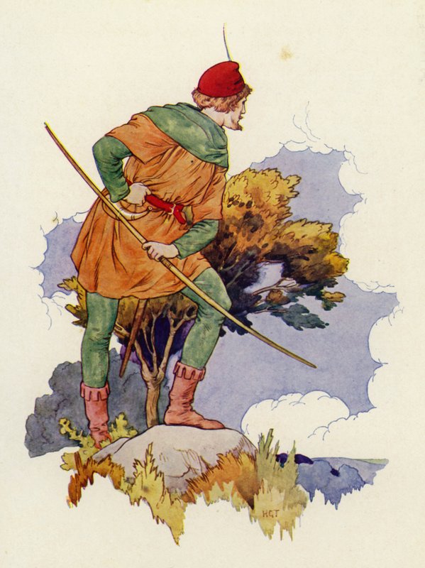 Robin espia à distância a reunião na herdade de Guy (litografia a cores) de Harry George Theaker