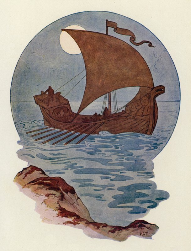 Foi construído como um navio de guerra nórdico (litografia a cores) de Harry George Theaker