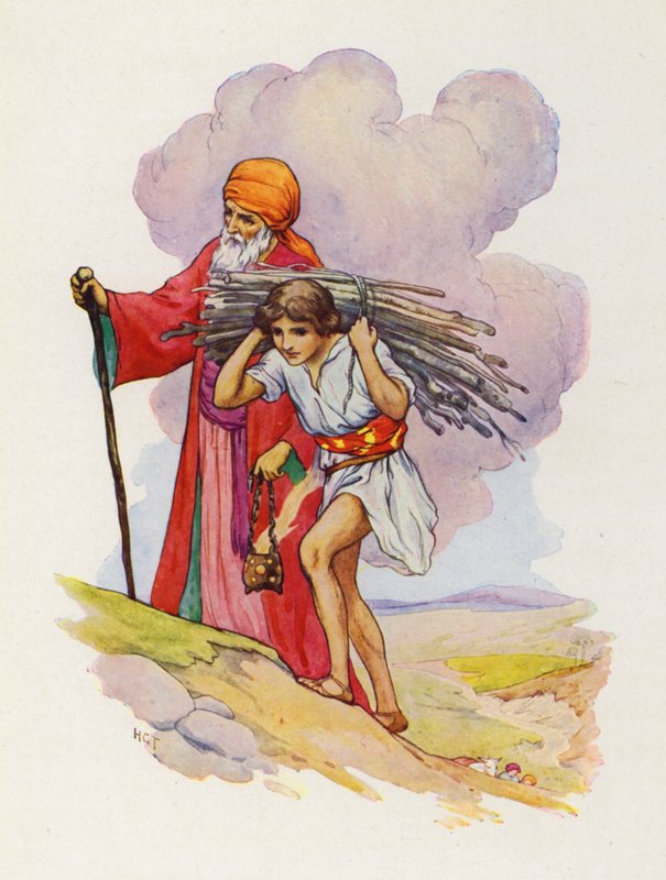 Lado a lado, Abraão e Isaac sobem o caminho íngreme (litografia a cores) de Harry George Theaker