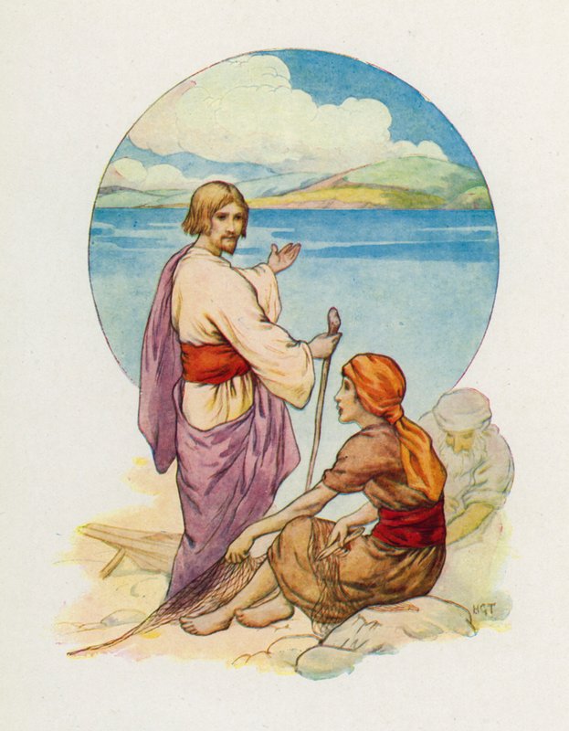 "Simão Pedro e André, vinde! Sigam-me!" (litografia a cores) de Harry George Theaker