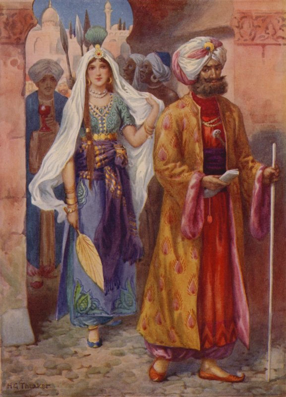 Sindbad leva os presentes ao Califa (litografia a cores) de Harry George Theaker