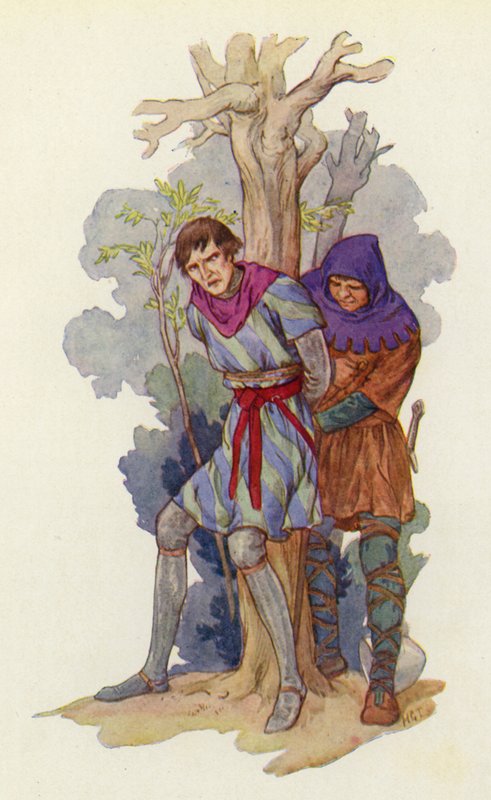 "Tira-lhe a panela de ferro da cabeça", gritou Robin, "e amarra-o a uma árvore" (litografia a cores) de Harry George Theaker