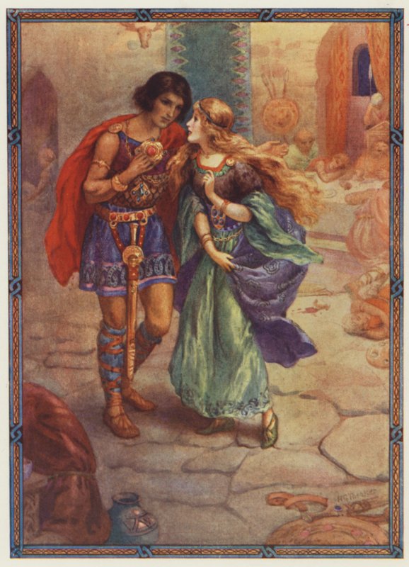 "Aceita-me como tua mulher!", Diarmuid e Grania (litografia a cores) de Harry George Theaker