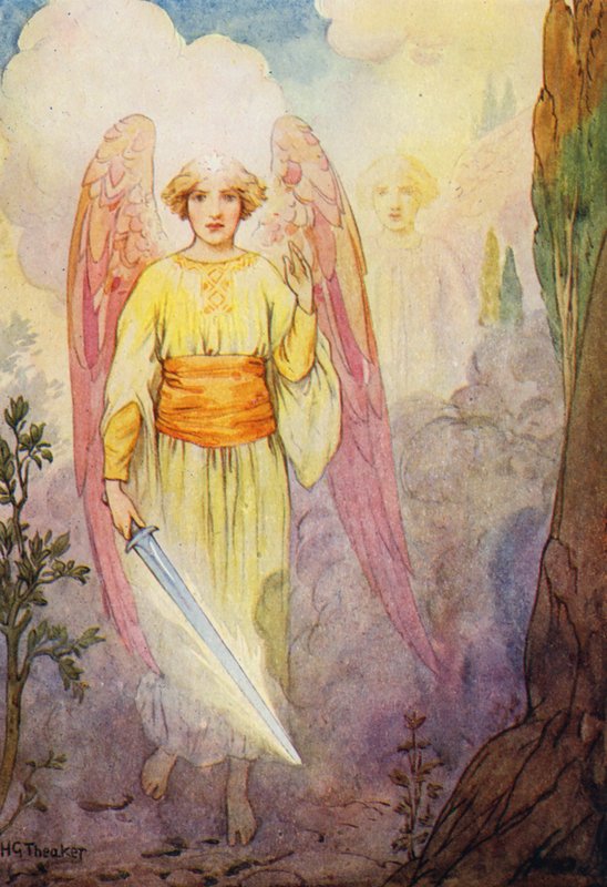 O Anjo com a espada flamejante (litografia a cores) de Harry George Theaker