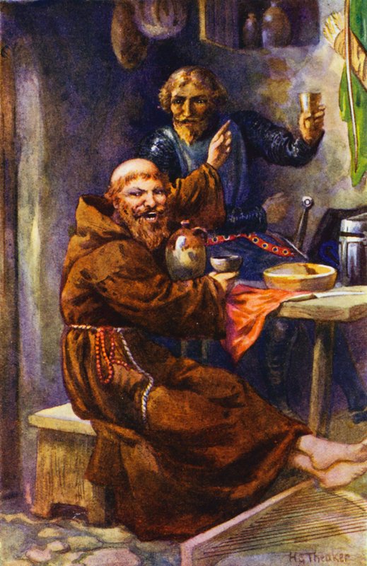 O Cavaleiro Negro desfruta da hospitalidade do jovial eremita (litografia a cores) de Harry George Theaker