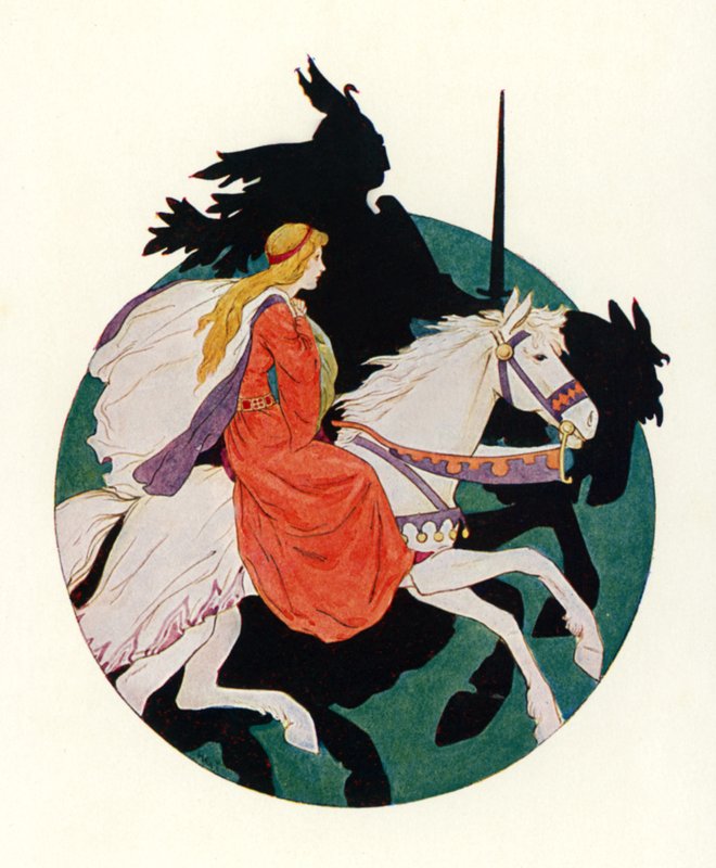 O Cavaleiro Negro cavalga com a donzela (litografia a cores) de Harry George Theaker