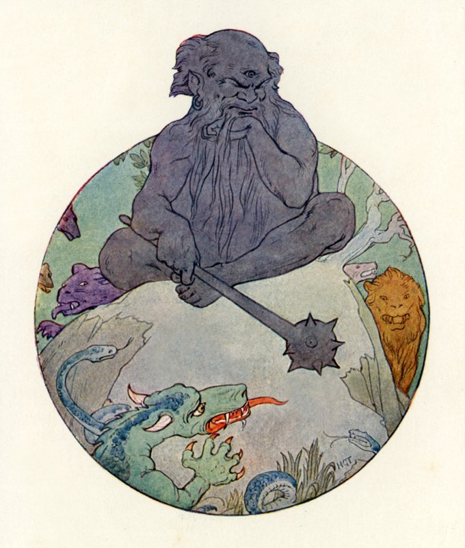 O Grande Gigante Negro olhou de soslaio para Sir Gawaine (litografia a cores) de Harry George Theaker