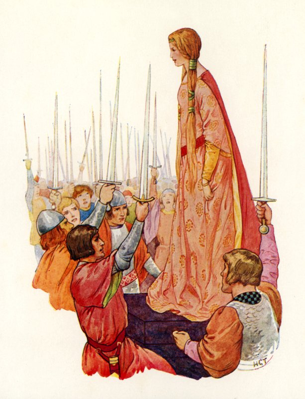 Os cavaleiros saúdam a princesa Guinevere, a sua futura rainha (litografia a cores) de Harry George Theaker