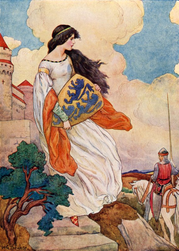 A princesa Iseult com o escudo de Sir Tristram de Lyonesse (litografia a cores) de Harry George Theaker