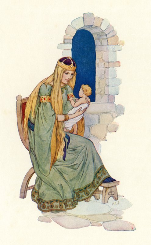 A rainha com o pequeno Lancelot (litografia a cores) de Harry George Theaker
