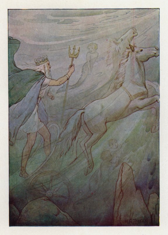 O Rei do Mar no seu carro cintilante, puxado por cavalos verdes (litografia a cores) de Harry George Theaker