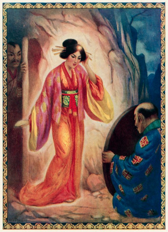 A Deusa do Sol vê-se ao espelho (litografia a cores) de Harry George Theaker