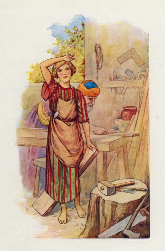 O menino Jesus começou a aprender o trabalho de carpinteiro (litografia a cores) de Harry George Theaker