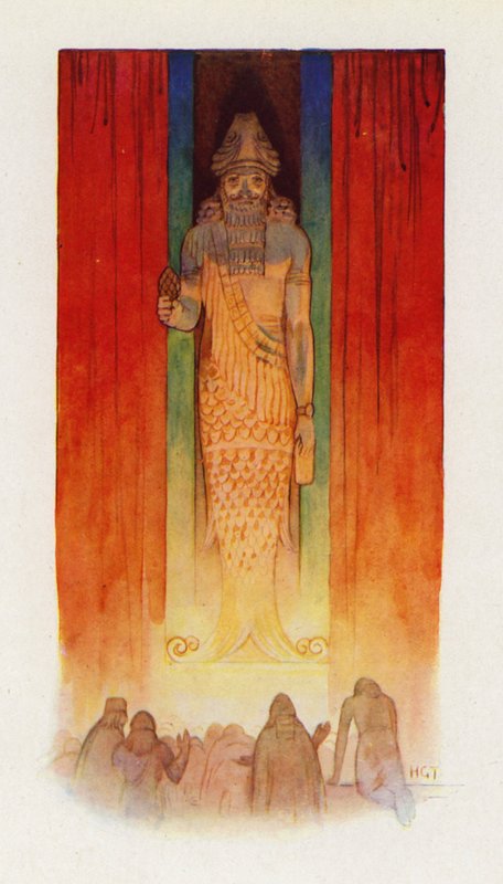 O deus principal dos filisteus era um deus-peixe (litografia a cores) de Harry George Theaker