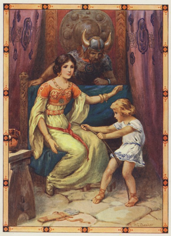 "A criança mostrava sinais de uma força espantosa", O Tirano das Ilhas (litografia a cores) de Harry George Theaker