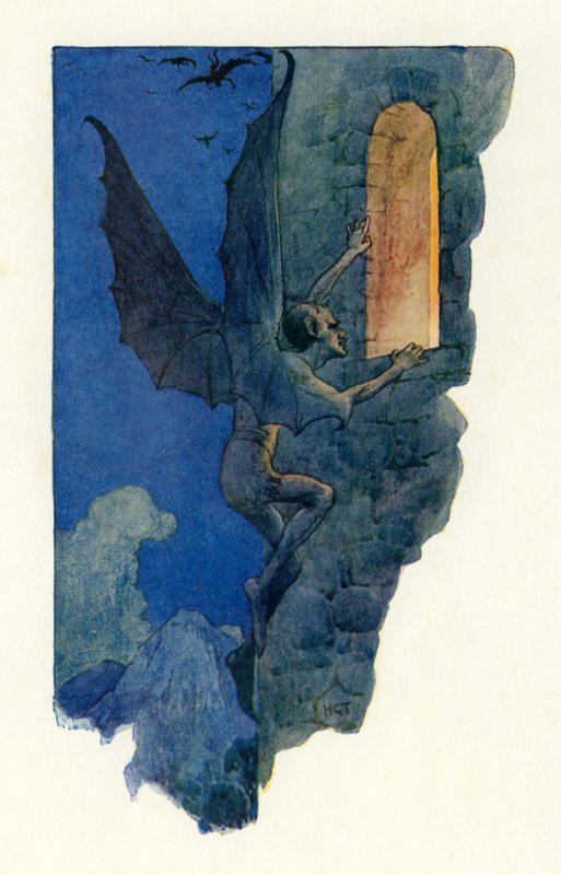 O homem das fadas entrou pela janela aberta (litografia a cores) de Harry George Theaker