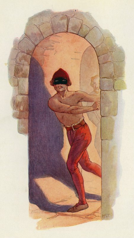 O primeiro deles estava nu da cintura para cima e usava uma máscara preta (litografia a cores) de Harry George Theaker