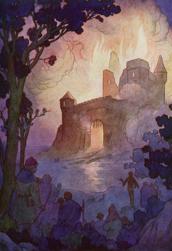 A grande torre de menagem incendiou-se, um pilar de fogo visível a quilómetros de distância (litografia a cores) de Harry George Theaker